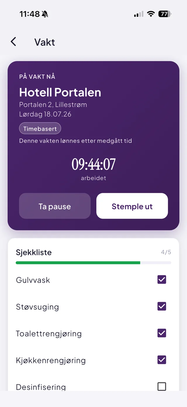 Aktiv vakt i Effiora-appen: live-timer, pause og utstempling, og sjekkliste med fire av fem oppgaver fullført