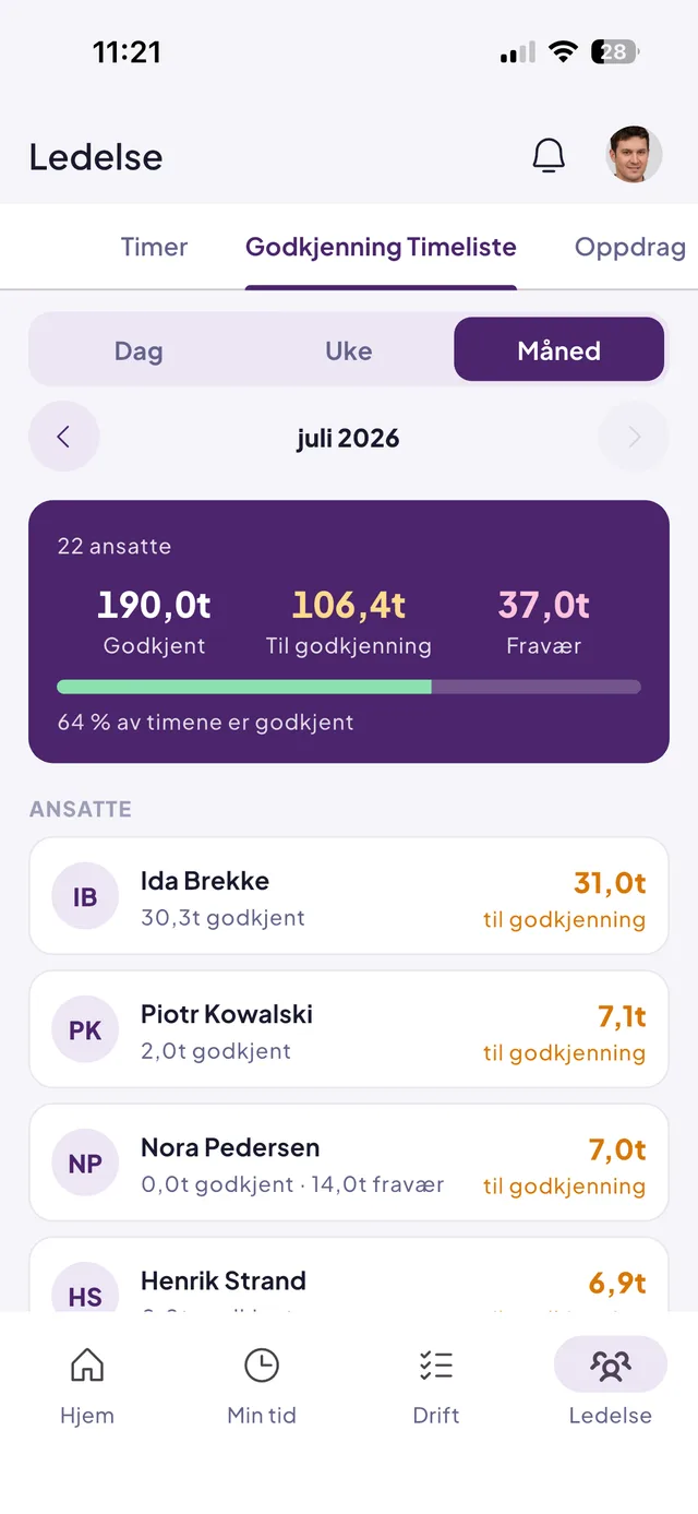 Effiora-appen: godkjenning av timelister med timer per ansatt