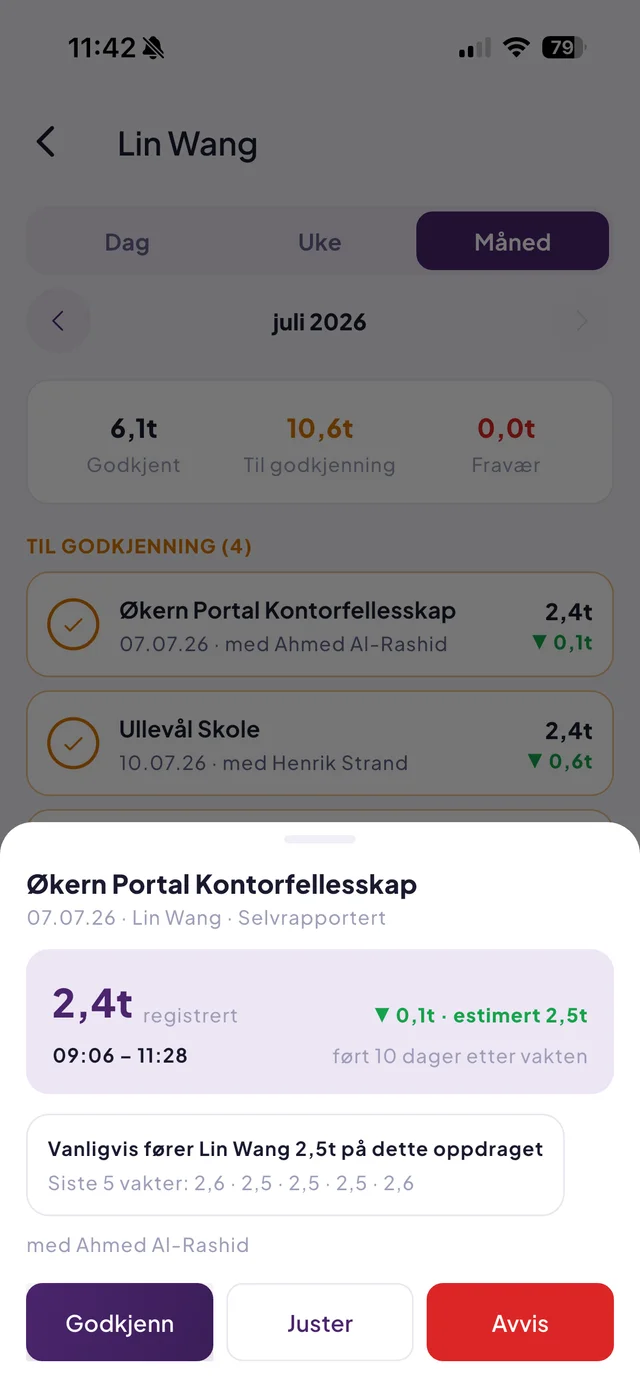 Godkjenning i Effiora-appen: selvrapporterte timer med estimat og historikk — godkjenn, juster eller avvis
