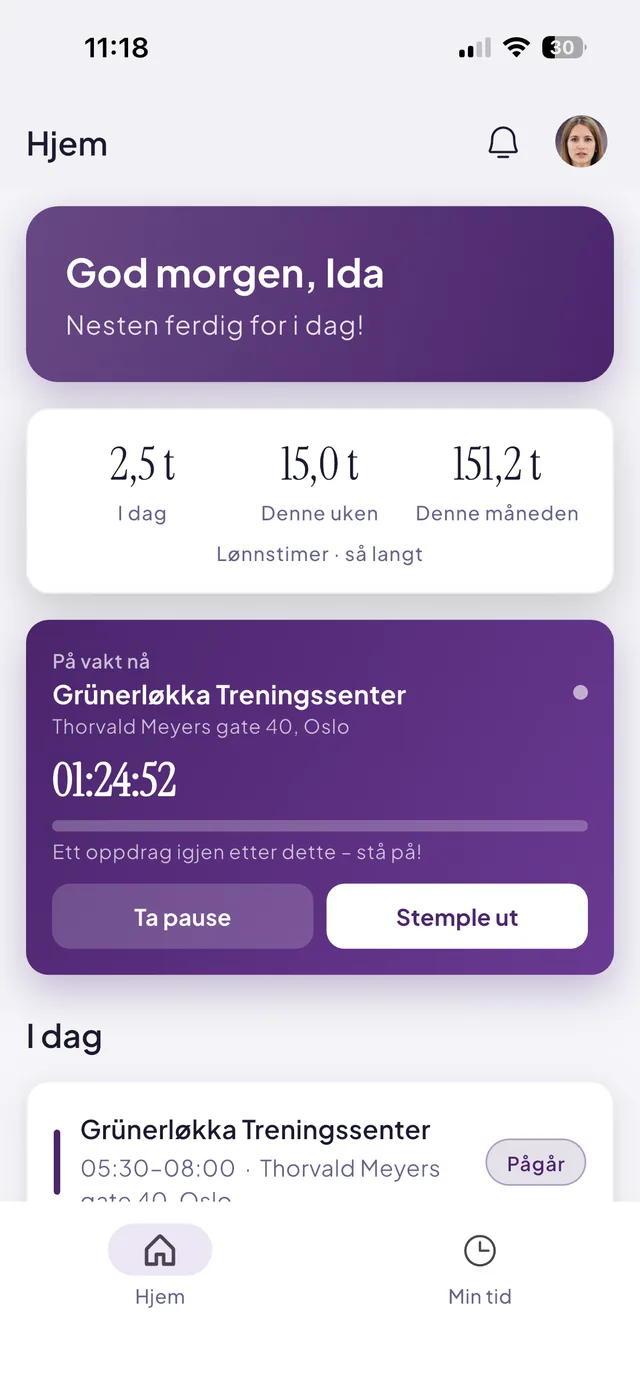Effiora-appen: hjemskjermen for ansatte med aktiv vakt og dagens oppdrag