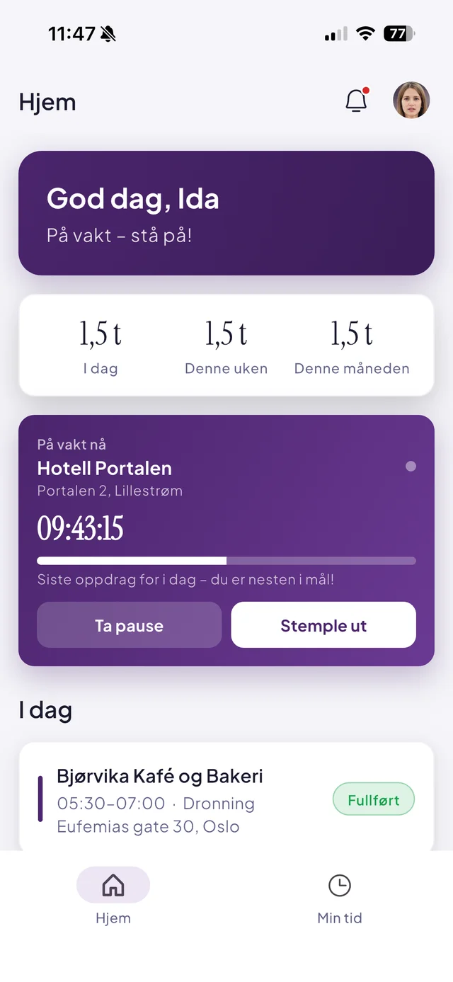Hjem-skjermen i Effiora-appen: aktiv vakt med live-timer, timer i dag og dagens vakter