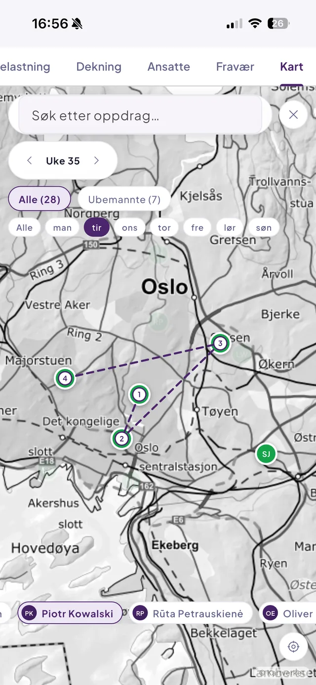 Dagsrute i Effiora-appen: fire stopp for én ansatt på tirsdag, tegnet som nummerert rute over Oslo