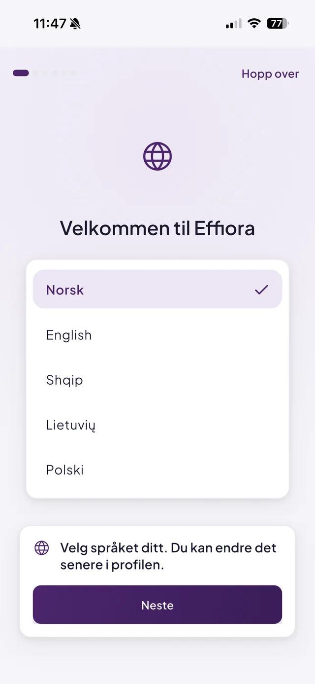 Språkvalg i Effiora-appen: norsk, engelsk, shqip, lietuvių, polski, ukrainsk, russisk og filippinsk