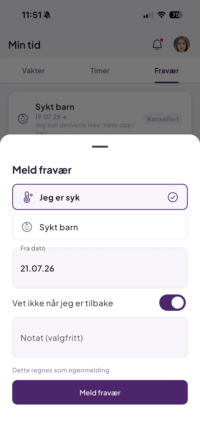«Meld fravær» i Effiora-appen: egenmelding eller sykt barn, med «vet ikke når jeg er tilbake»