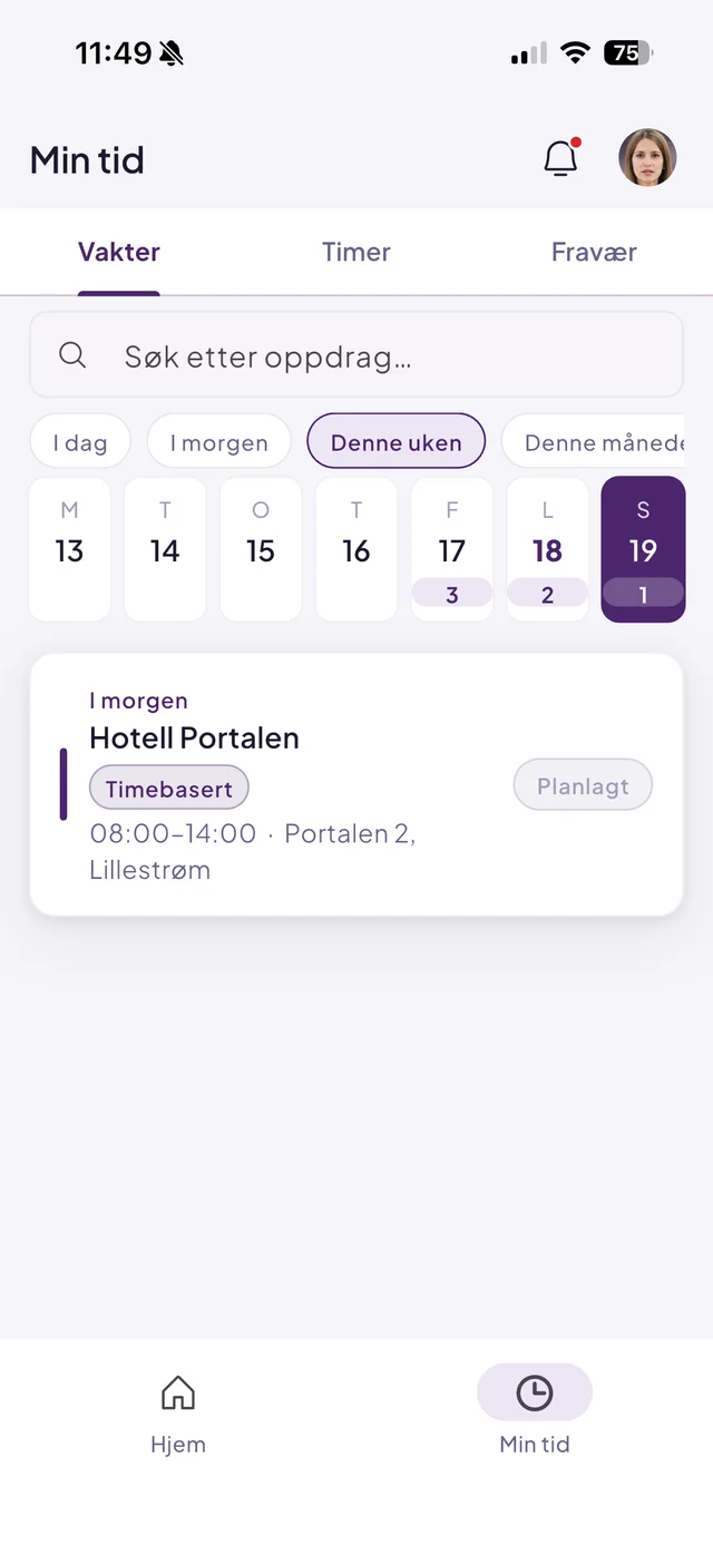 «Min tid» i Effiora-appen: egne vakter med ukeskalender og kommende vakt