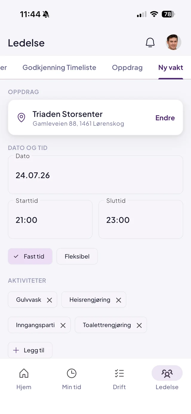 «Ny vakt» i Effiora-appen: oppdrag, dato, fast eller fleksibel tid og aktiviteter