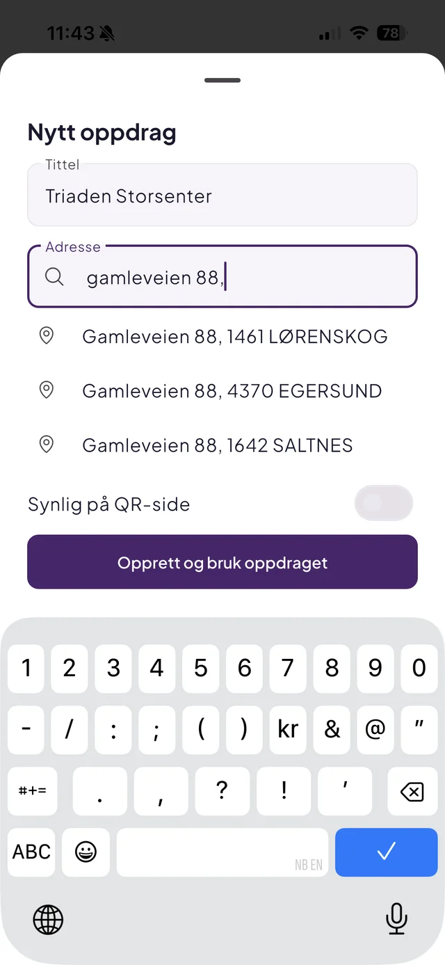 «Nytt oppdrag» i Effiora-appen med adressesøk som foreslår verifiserte Kartverket-adresser