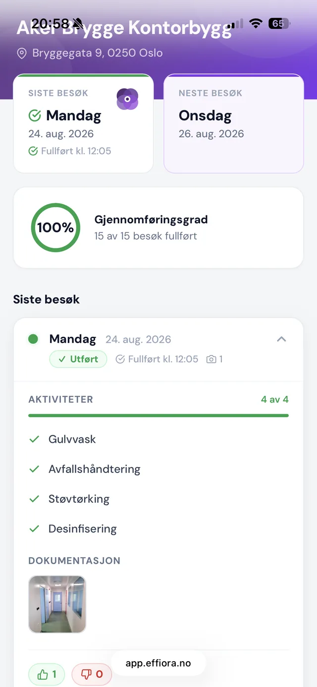 Kundens QR-side på mobil: besøk merket Utført, fire aktiviteter avhuket og et bilde under Dokumentasjon