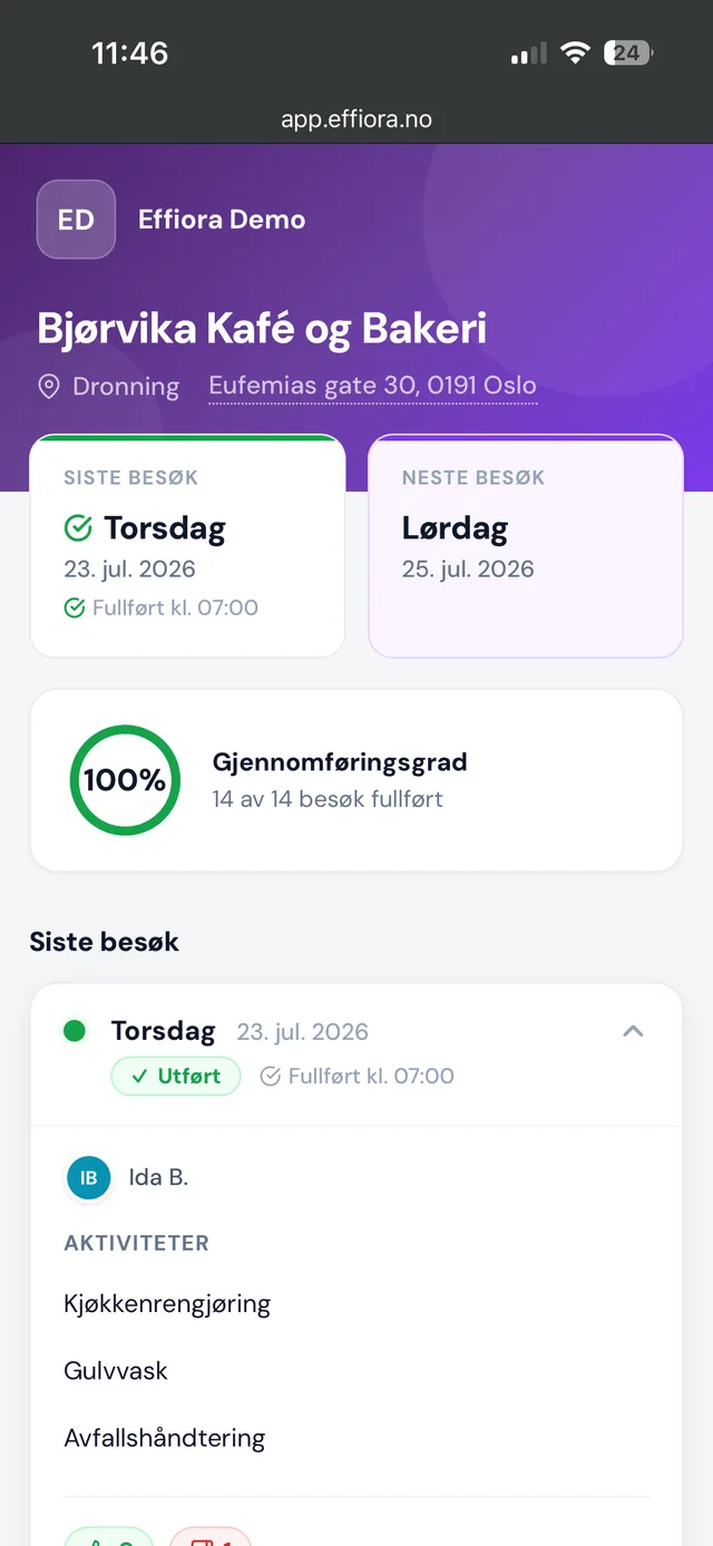 Den offentlige QR-siden for et oppdrag: siste og neste besøk, gjennomføringsgrad og utførte aktiviteter