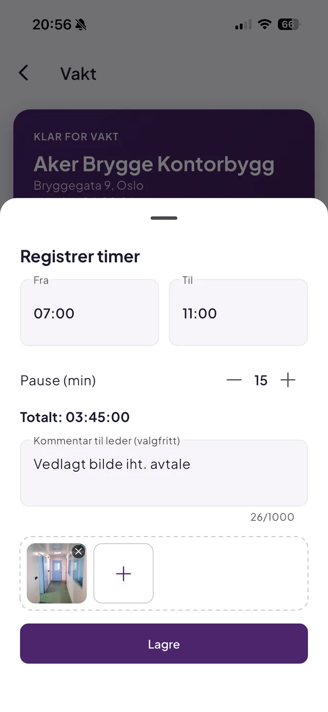 «Registrer timer» i Effiora-appen: fra og til, pause, kommentar til leder og et vedlagt bilde med pluss for flere