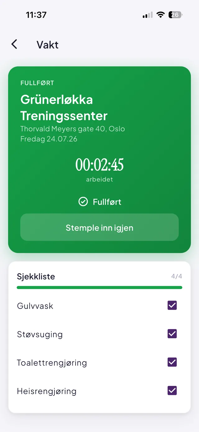 Effiora-appen: fullført vakt med arbeidet tid og sjekkliste der alle punkter er avhuket