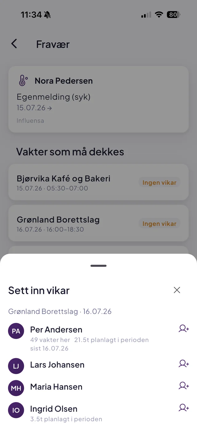 «Sett inn vikar» i Effiora-appen: rammede vakter og vikarforslag rangert etter erfaring på oppdraget